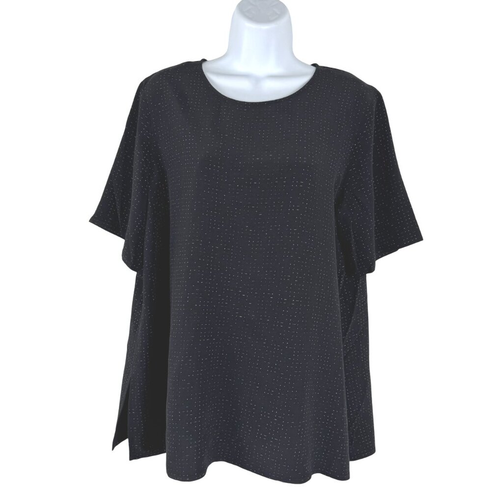 Eileen Fisher Top 14 Petite Black Printed Short Sleeve Tencel Blend TP-3313‎